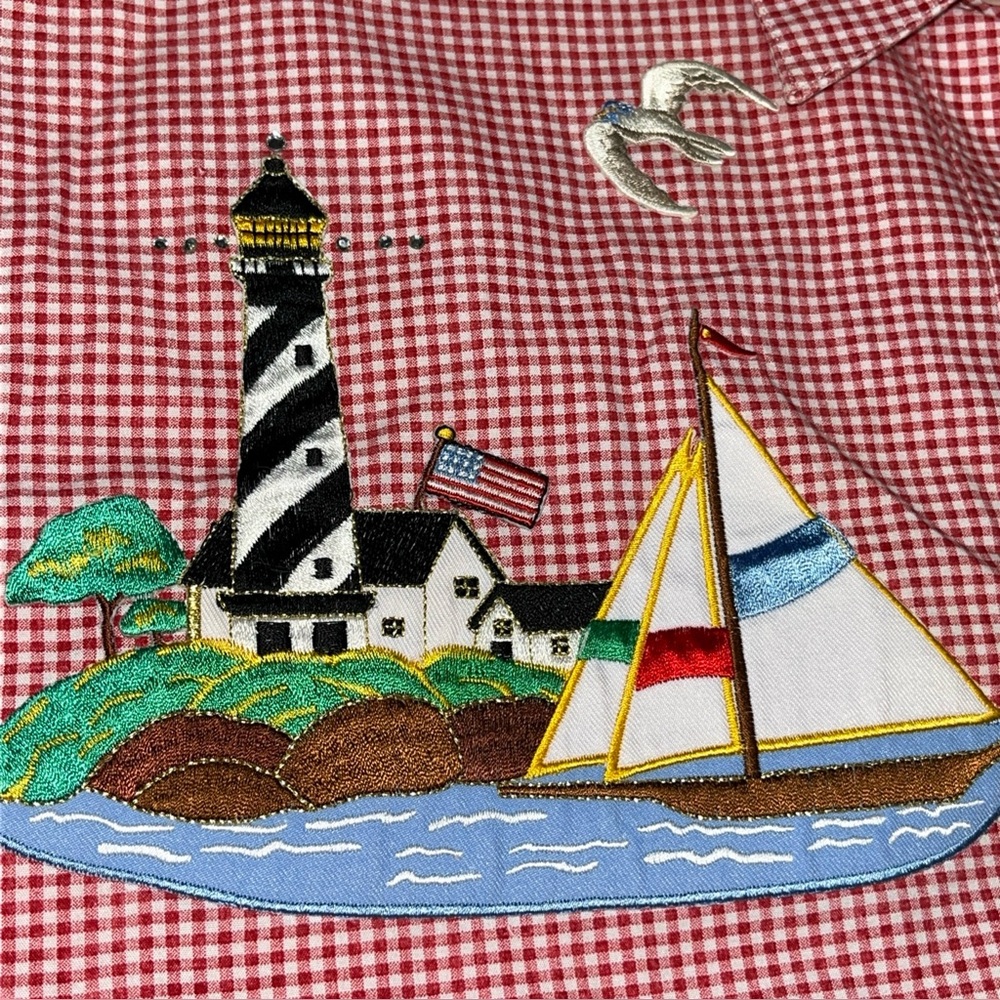Vintage lighthouse Red gingham shirt Sailboats Birds Summer Nautical Boating LRG
